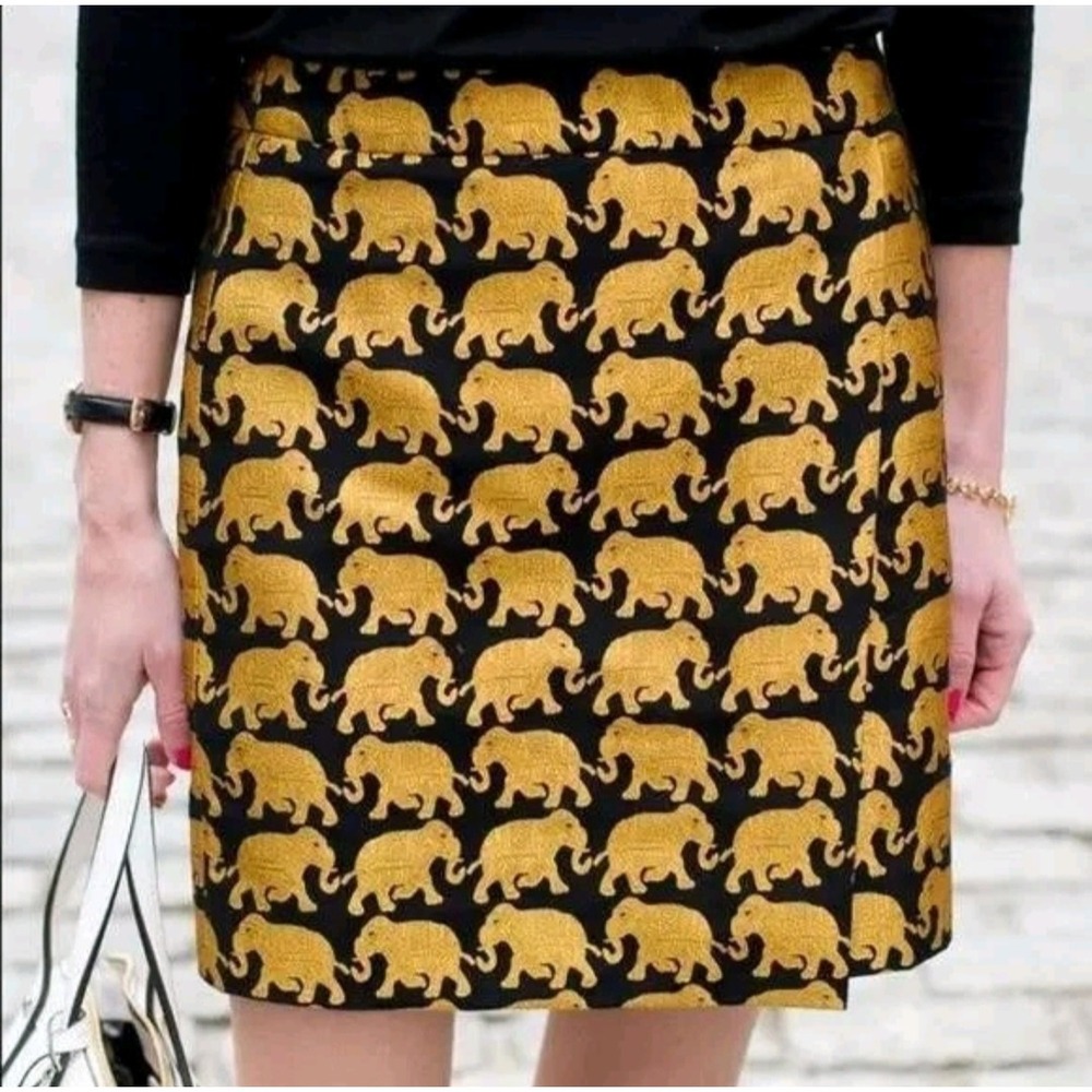J.Crew Elephant Jacquard Mini Skirt Size 6 Black Gold Metallic Faux Wrap NWOT